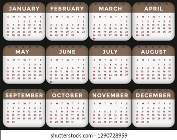 Vector calendar - Year 2019. Week starts from Sunday. Simple flat vector illustration.