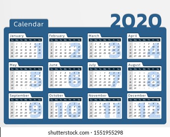 Vector calendar for year 2020 in modern blue desk design to print