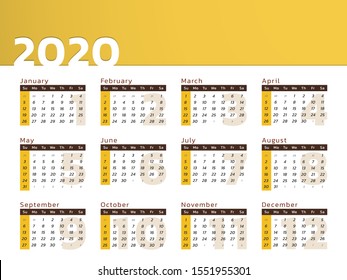 Vector calendar for year 2020 in modern yellow desk design to print