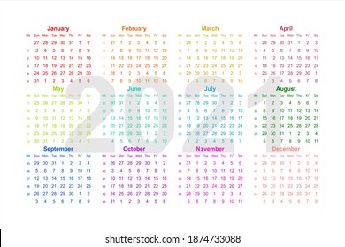 Vector Calendar of the Year 2021 white background