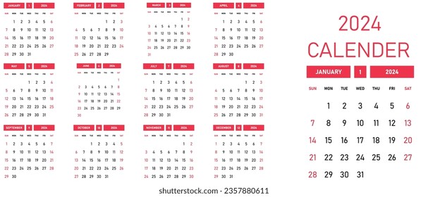 Vector calendar for the year 2024.
2024 new year