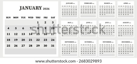 Vector calendar. Year 2026. Week starts on Sunday. Has 12 months. Calendar ready for printing.