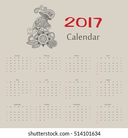 Vector calendar. Year of rooster usa format.