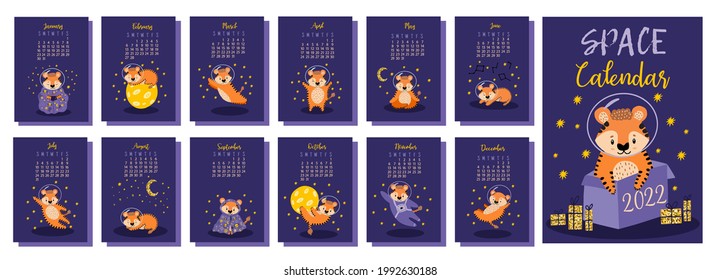 Vector calendar for the year of the Tiger 2022. The week starts on Sunday. Business calendar with a cartoon animal in space. Size A2 A3 A4 A5. Stars, moon, space, tiger in a space suit. New Year 2022