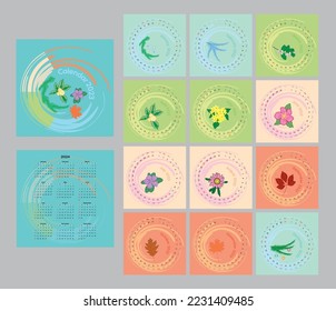 Vector calendar_2023 con números colocados alrededor del círculo. Plantilla cuadrada editable de 12 páginas más 2 páginas de portada. 