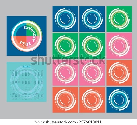 Vector calendar_2024 with numbers placed round the circle. 
Editable square template of 12 pages plus 2 cover's pages, one cover page consists of calendar 2025. 