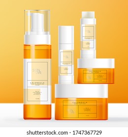 Vector Calendula Theme Skin Care, Beauty or Toiletries Packaging with Lip Balm Tube, Transparent Tinted Orange Foaming Bottle & Jar.