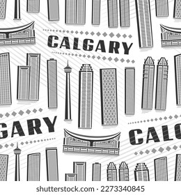 Vector Calgary Seamless Pattern, repeating background with illustration of famous calgary city scape on white background for wrapping paper, monochrome line art urban poster with black text calgary
