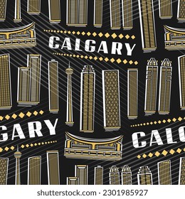 Vector Calgary Seamless Pattern, square repeat background with illustration of famous calgary city scape on dark background for wrapping paper, decorative line art urban poster with white text calgary