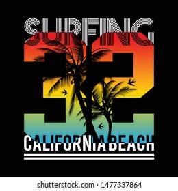 Vector - California Beach Typography Graphics. T-shirt Printing Design for sports apparel. CA ocean beach original wear. Concept in vintage style. Symbol of vacation, summer and surfing. Vector