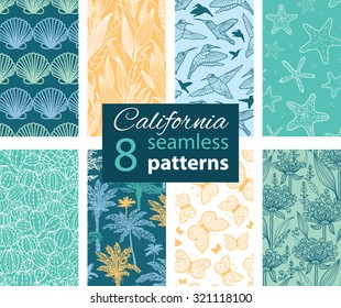 Vector California Nature Eight Set Seamless Pattern. Hummingbird, scallop seeshell, palm tree