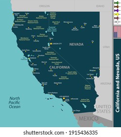 Vector of California and Nevada states of United States with large cities