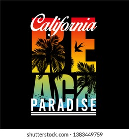 Vector - California paradise Typography Graphics. T-shirt Printing Design for sports apparel. CA ocean beach original wear. Concept in vintage style. Symbol of vacation, summer and surfing. Vector