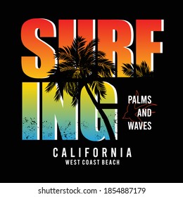 Vector - California paradise Typography Graphics. T-shirt Printing Design for sports apparel. CA ocean beach original wear. Concept in vintage style. Symbol of vacation, summer and surfing. Vector