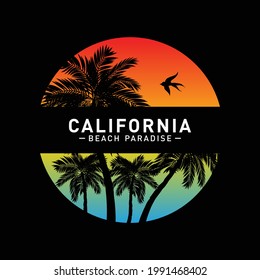 Vector - California paradise Typography Graphics. T-shirt Printing Design for sports apparel. CA ocean beach original wear. Concept in vintage style. Symbol of vacation, summer and surfing. Vector