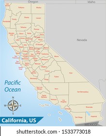 Vector Of California. State Of The United States With Counties Map