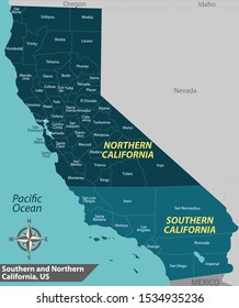 Vector of California state of the United States with Southern and Northern regions and counties map