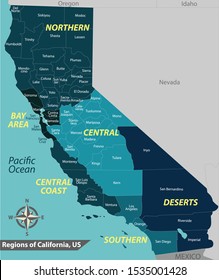 Vector of California state of the United States with regions and counties map