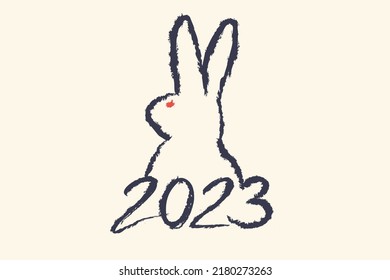 Vector caligraphy of 2023 and bunny like symbol new year. Happy new year 2023. Hand drawing lettering with rabbit.