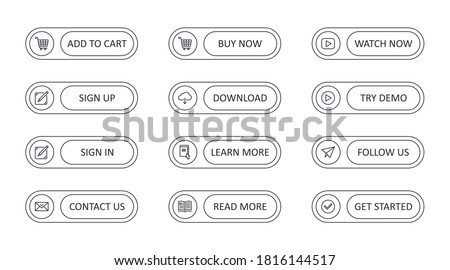 Vector call to action buttons with icons. Add to cart get started watch now. Read more learn more. Contact us follow us download icon. Try demo sign in sign up buy now. Editable stroke
