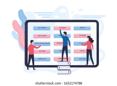Vector call to action concept. The site page contains offers for users and buyers. Buy, add to cart, register, create an account, upload, subscribe to social networks, take a tour. Flat illustration.