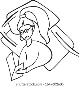 Vektorillustration nennt Krebskünstler. Frauen, die in einem Callcenter arbeiten. Line Art. Schwarz-Weiß-Design. Gespräch im Callcenter, neutrale Reaktion, neutrales Gespräch. 