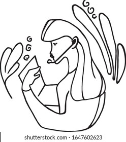 Vector call canter workers. Women working in a call center. Line art. Black and white design. Call center talk, neutral reaction, neutral talk. 
