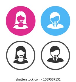 Vector call center black icon. Support and consulting concept. Buttons for business projects,  symbols for mobile apps and service live call and chat. Silhouette of operator, consultant, assistant