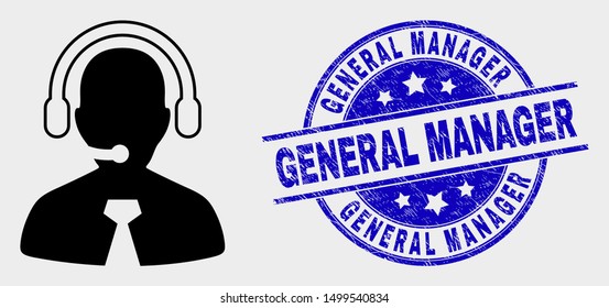 Vector call center manager icon and General Manager seal stamp. Red rounded textured seal stamp with General Manager caption. Vector composition in flat style. Black isolated call center manager icon.
