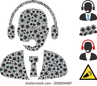 Vector call center operator fractal is formed of scattered fractal call center operator items. Fractal collage of call center operator.