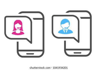 Vector call icon. Pink and blue contact icon with symbol of avatar in the mobile. Support and consulting concept. Symbols for mobile apps and service live call and chat. Silhouette of operator, consul