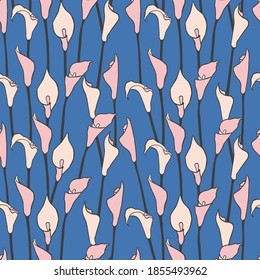 Vector Calla lily florale Illustration nahtlose Wiederholung Muster auf blauem Hintergrund