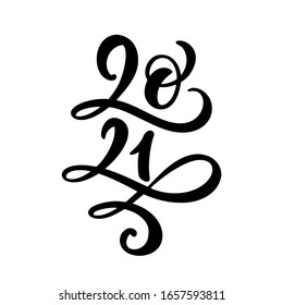 Vector calligraphic 2021 text. Christmas and Happy New Year concept design with calligraphy brush text on white background. Hand drawn lettering.