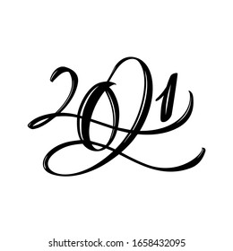 Texto de caligrafía vectorial 2021. Diseño de concepto Navidad y Año Nuevo Feliz con texto de pincel caligráfico sobre fondo blanco.Letras dibujadas a mano.