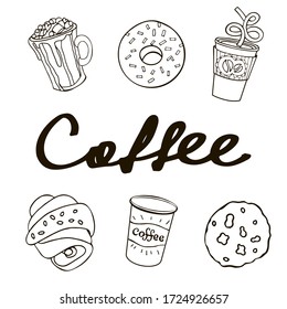 Vector calligraphic cursive lettering Coffee. Three glasses with drinks, a donut, a croissant and cookies are drawn. Doodle style.