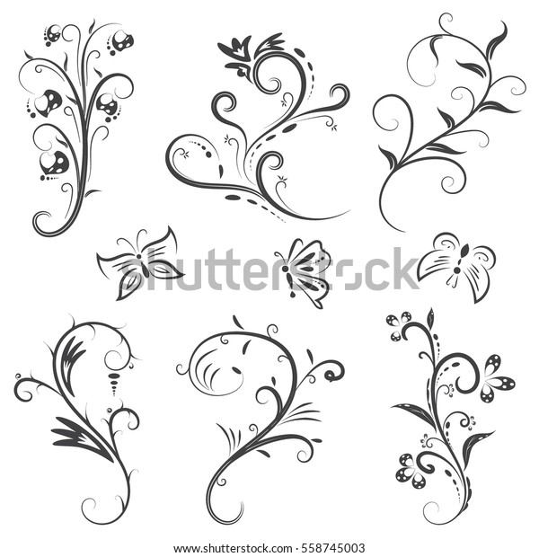 Vector of calligraphic design elements\
in black lines swirl on white background,\
border