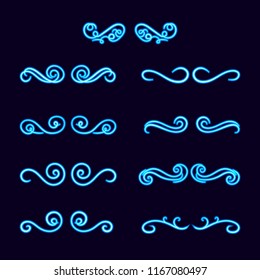 Vector Calligraphic Design Elements, Bright Blue Color, Filigree Set Shining on Dark Background.