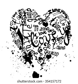 Vector calligraphic design. Hand written I love you text in different languages - English, Spanish, French and Italian. I love you, Ti amo, Te quiero, Je t'aime. Ink drops. Black on white background.