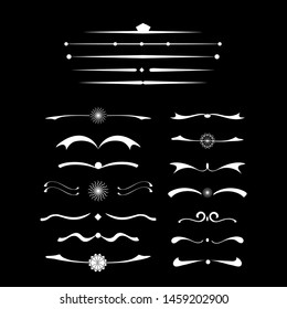 Conjunto de diseño de caligrafía vectorial. Plantilla web de arte de línea retro. Elementos blancos sobre fondo negro. Vector divisor de página. Colección de muchos elementos de diseño dibujados a mano.