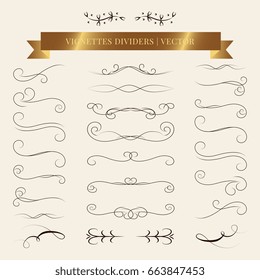 Vector calligraphic design set. Vintage book vignettes, dividers and separators. 