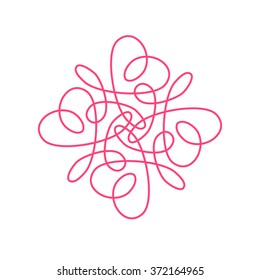 Vector calligraphic elegant ornamental flourish for logo design. Vignetted floral illustration for wedding invitations, greeting cards, Valentines cards. Vintage pink decor with shapes of heart.