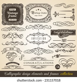 Vector Calligraphic element Border Corner Frame and Invitation Collection. Decoration Typographic Elements, Vintage Labels, Ribbons. Invitation design vector illustration