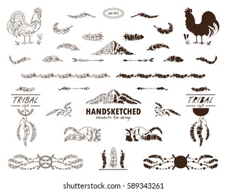 Vector calligraphic elements for design. Boho style set of bird feathers, wave dividers, roosters, tribal dreamcatcher. Ornate and silhouette option. Hand drawn ethnic collection. Classic style 