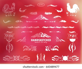 Vector calligraphic elements for design. Boho style set of bird feathers, wave dividers, roosters, tribal dreamcatcher. Ornate and silhouette option. Hand drawn ethnic collection, white line