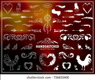 Vector calligraphic elements for design. Boho style set of bird feathers, wave dividers, roosters, tribal dreamcatcher. Ornate and silhouette option. Hand drawn ethnic collection, white line