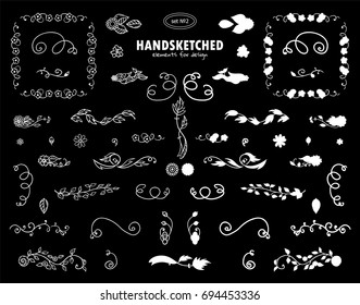 Vector calligraphic elements for design. Chalkboard style, ornate and silhouette option. Flowers, weeds, branches collection of hand drawing elements, icons, insignias, symbols, signs, square frames 