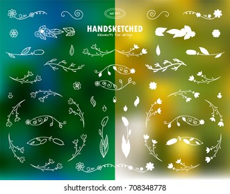 Vector calligraphic elements for design. Flowers, weeds, branches collection of hand drawing elements, icons, insignias, symbols, signs