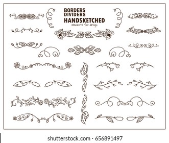 Vector calligraphic elements for design. Herbal ornate wave elements, perfect for dividers, headers, titles. Hand drawn sketch wild flowers, grass, herb, reed, weed. Classic design 