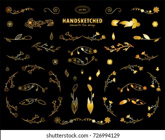 Vector calligraphic elements for design. Premium gold ornate and silhouette options. Flowers, weeds, branches collection of hand drawing elements, icons, insignias, symbols, signs, round frames 