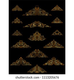 Vector calligraphic elements for design. Steampunk ornate wave elements, perfect for dividers, headers, titles. Mechanical clock, gear, birds, owls. Metallic gold color on black